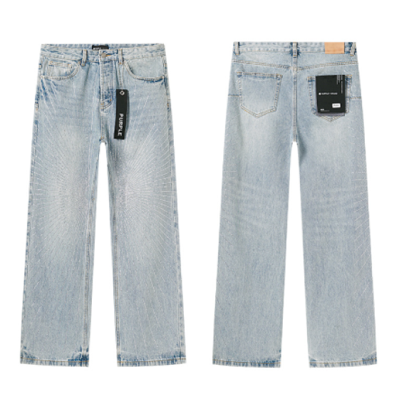 Light Blue Washed Wide-Leg Denim Jeans with Sunburst Rhinestone Pattern